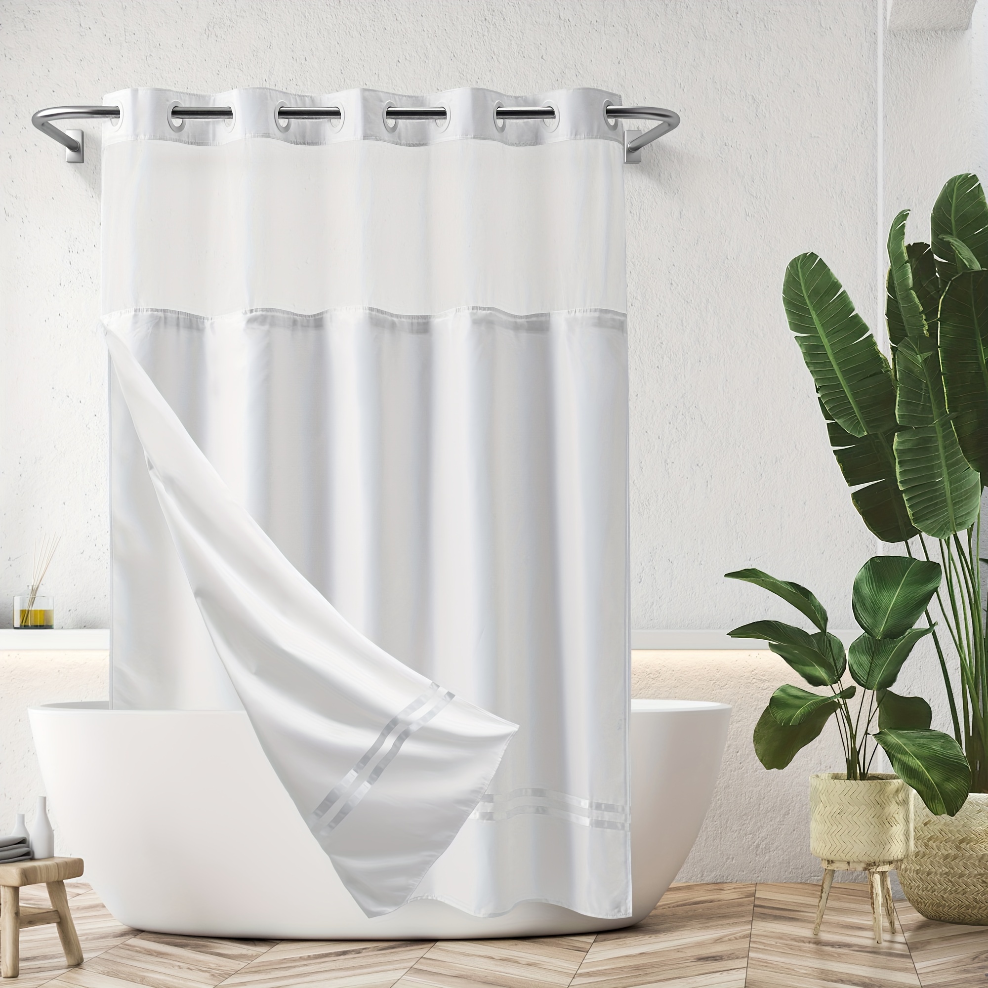 

White Shower Curtain With Snap In Liner, No Hook Needed, With Window And Magnets, Machine Washable