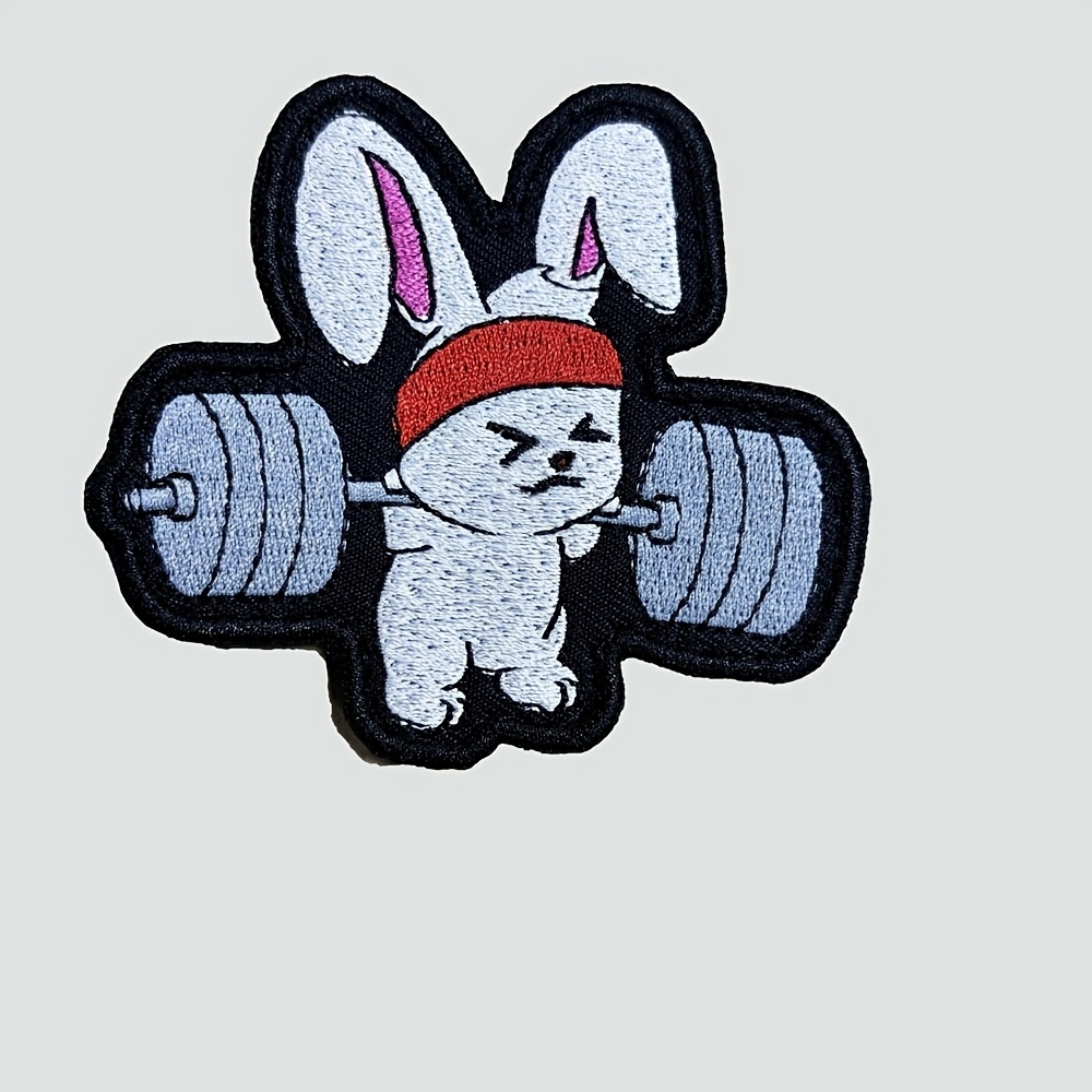 1pc Weightlifting Embroidered Patch With Backing - Cute Cartoon Rabbit Lifting Dumbbells, White With Pink Ears, Black Border, Perfect For Gym Or Fitness Themed Clothing, Gym Accessories