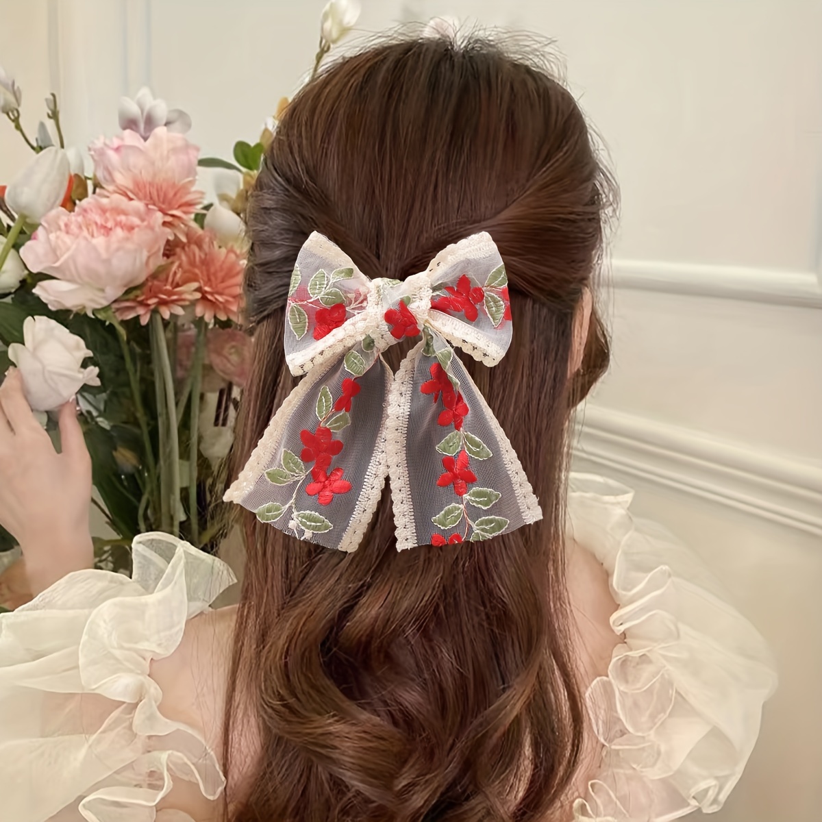 

Elegant Lace Bow Hair Clip - Oversized, Embroidered Butterfly Barrette For Women And Girls - Accessory, Elegant Style