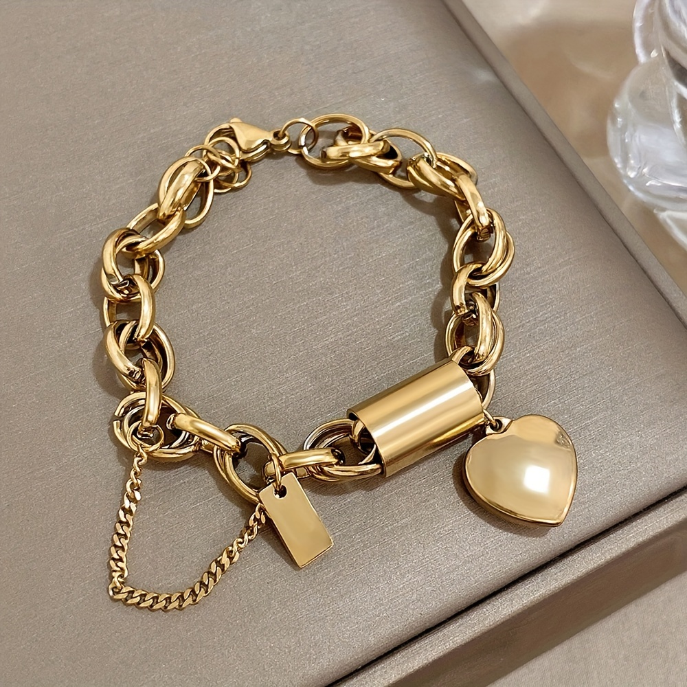 

Punk Chunky Thick Chain Bracelet, Stainless Steel Bracelet, Fashion Design Heart Love Pendant Wrist Jewelry
