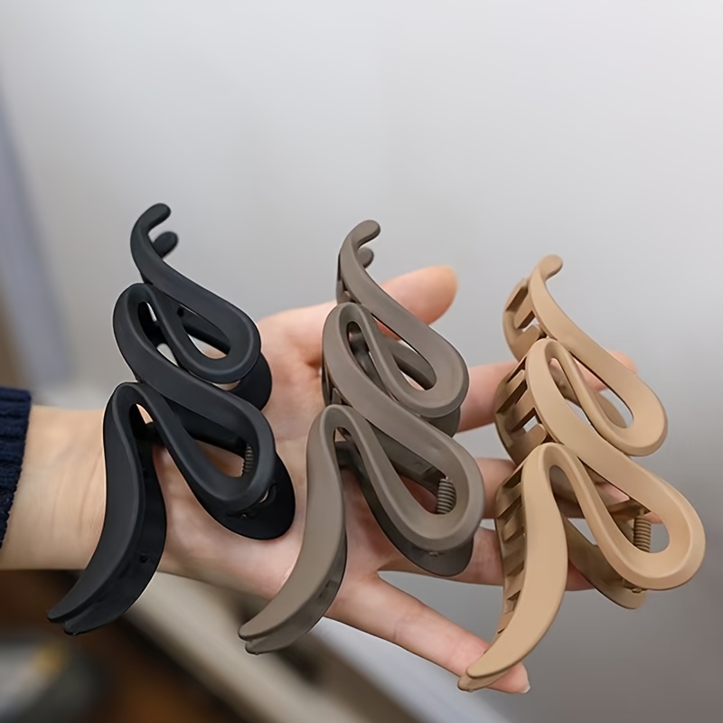 Image of 3pcs Large Matte Wave Hair Claw For Women - Vintage Style, Solid Color Resin Shark Clip For Easy Updos & Styling