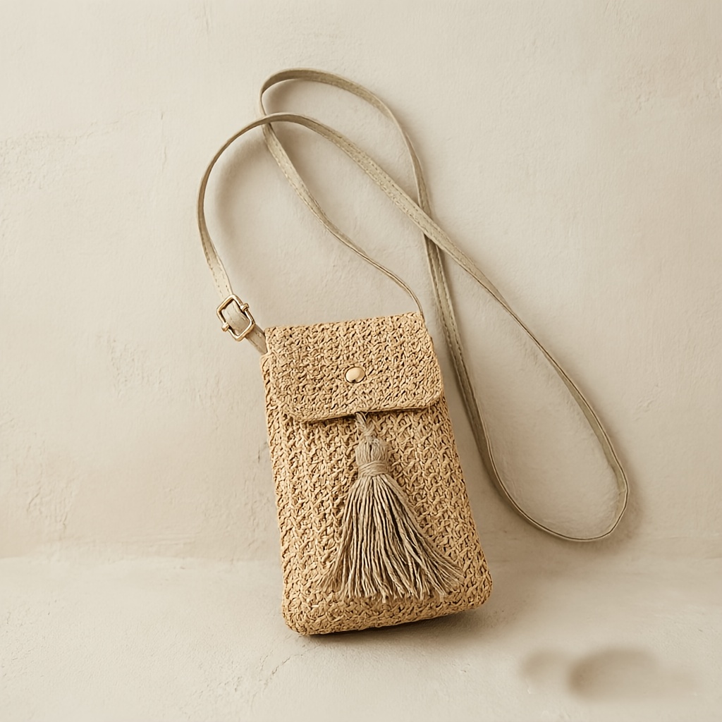 TEMU Women's Summer Straw Crossbody Bag, Mini Woven Tassel Phone Bag, Bohemian Style Vacation Beach Small Bag, Portable Coin And Key Storage Bag