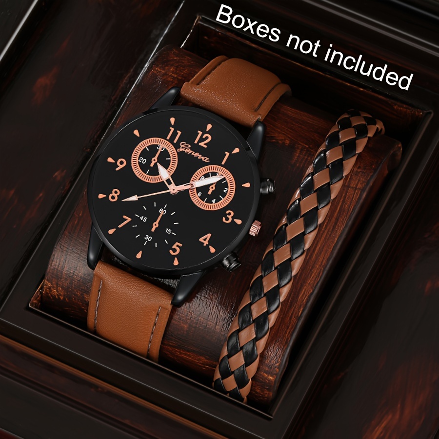

2pcs/set Men's Vintage Business Quartz Watch Analog Pu Leather Wrist Watch & Bracelet, Gifts For Men Him