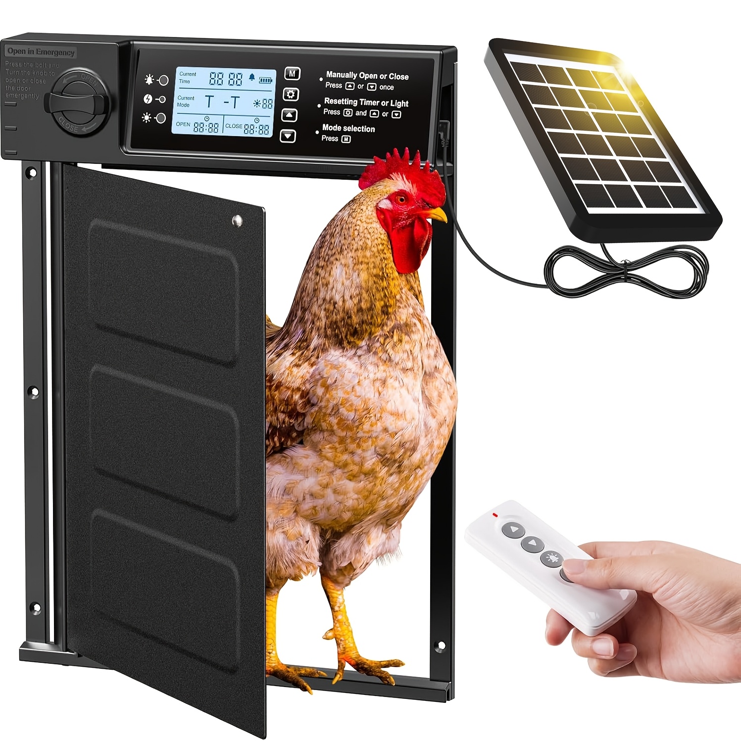 TEMU Automatic Chicken Coop Door With Solar Power, Timer And Light Sensor - Pivot Chicken Door, Anti-pinch Safety Design, Built-in 2000mah Battery, Includes Solar Panel, Usb-c And Remote Control
