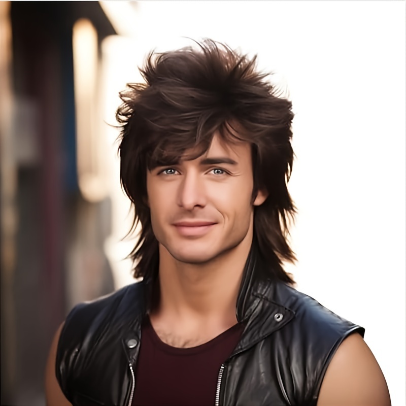 TEMU Hairjoy Men's 70s & 80s Synthetic Mullet Wig - Rock Style, Straight Cap, White Sleeveless Shirt For Costume Parties & Themed Events, Funny Wig,