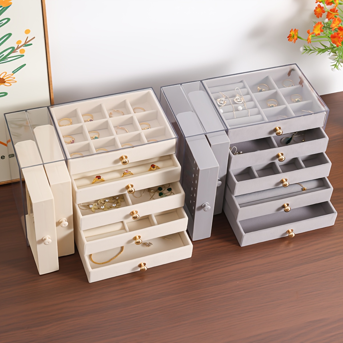 large capacity jewelry organizer box with multiple compartments for earrings rings necklaces bracelets durable plastic desktop storage box with golden handles polished   fabric lined interior ideal for valentines day christmas gifts jewelry gift box jewelry boxes Product details 8
