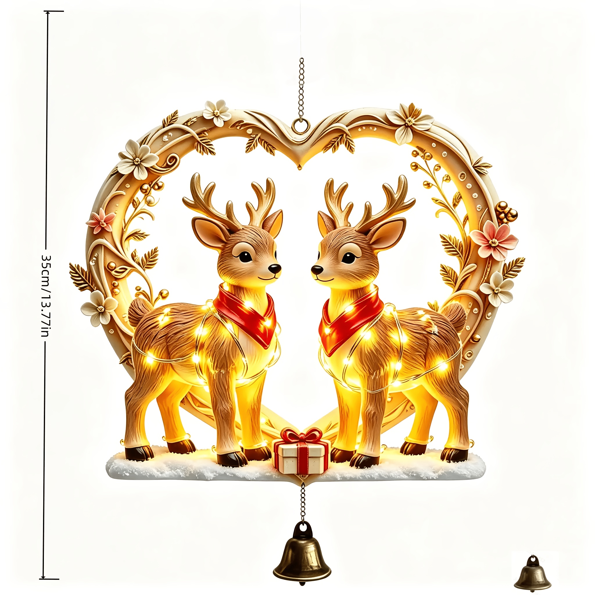 TEMU Carved Heart-shaped Floral Frame Christmas Double Reindeer Wind Chime Ornament With Warm Lights. Hung Indoors On Windowsills, , Or Outdoors In