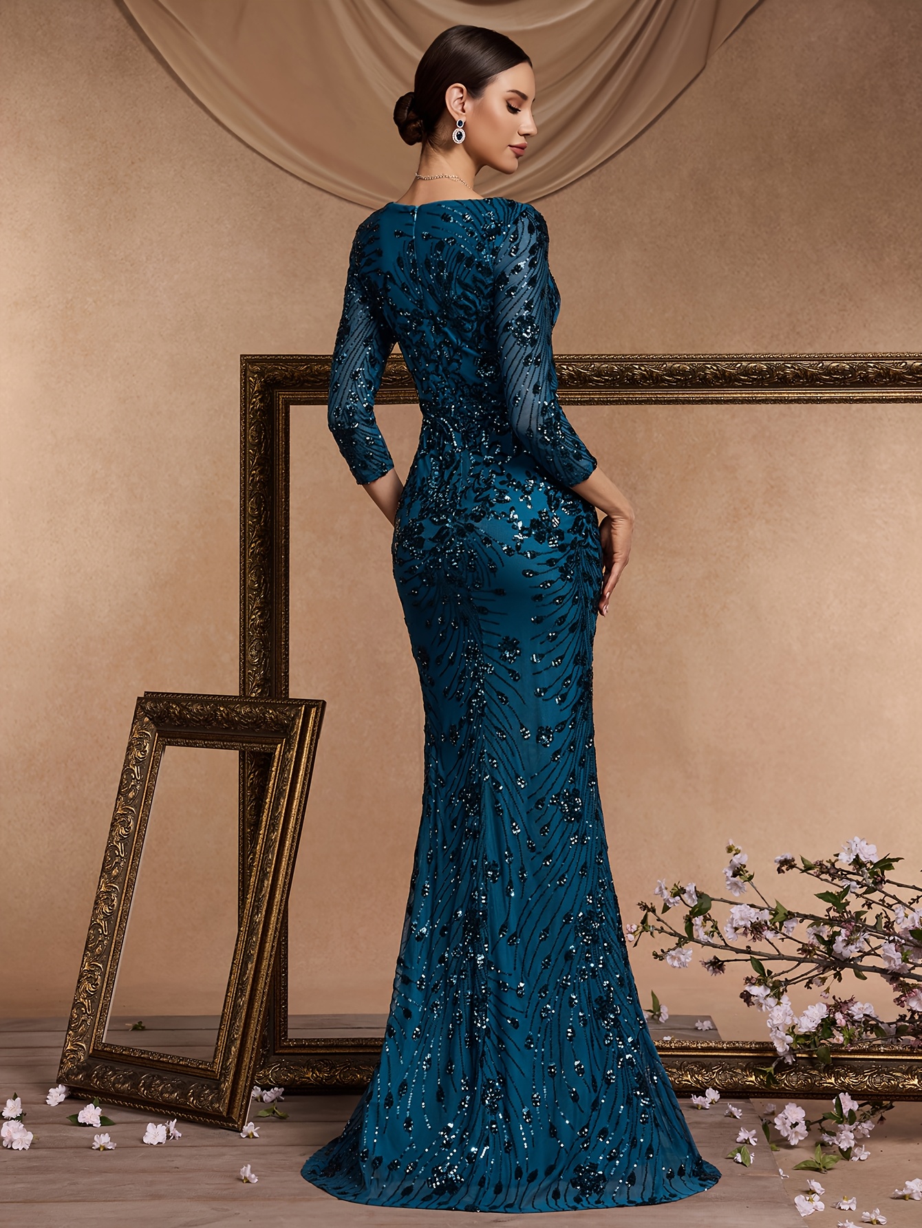 elegantes damen-sequins-meerjungfrauen-abendkleid mit funkelndem fischschwanz-schleier – langärmliges abendkleid für hochzeiten, bälle  