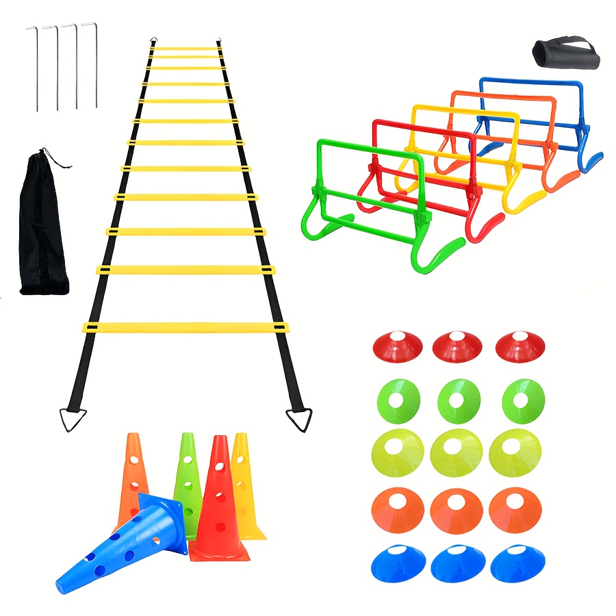 Image of 26pcs Durable Agility Training Set, Includes Agility Ladder, Cones, Hurdles, Cone Bucket, Fitness Speed And Agility Obstacle Course, Soccer Ball