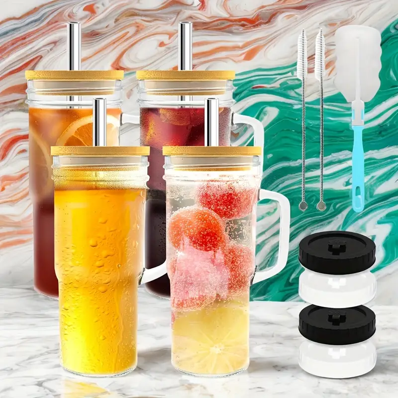 2 4pcs handle car cup 24oz high borosilicate glass cup without bpa with bamboo lid and straw suitable for use with iced milk lemonade preparing for party free sealing lid and brush Product details 0
