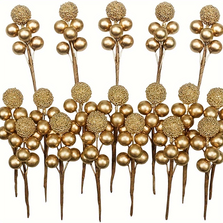 

20 Pcs Festive Golden Christmas Berry Stems - Battery-free, Perfect For Christmas Tree Topping