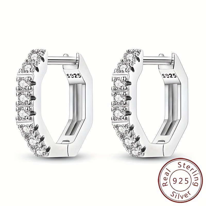

Elegant 925 Sterling Silvery Hexagon Hoop Earrings With Sparkling Zircon - Perfect For Weddings, Parties & Birthdays Elegant Earrings Jewelry Earrings