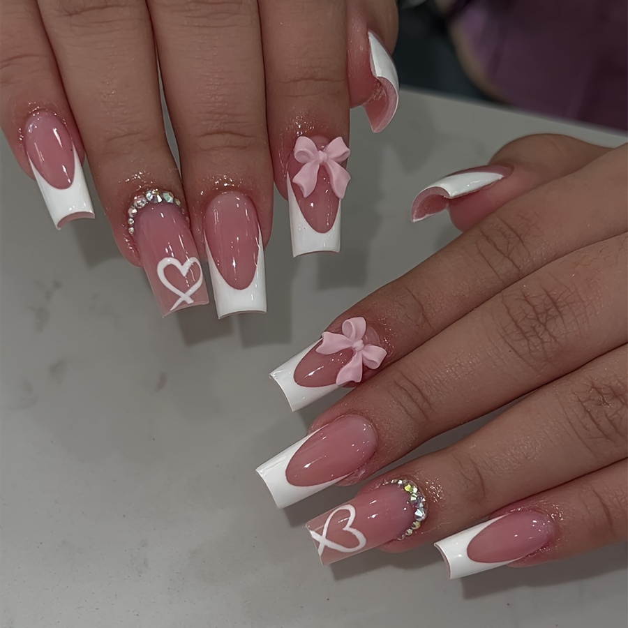 

Pink French Square Medium Length Nail Forms With 3d Heart And Butterfly Bow Design, Glitter Accents, And Glossy Finish - 24 Piece Nail Art Set