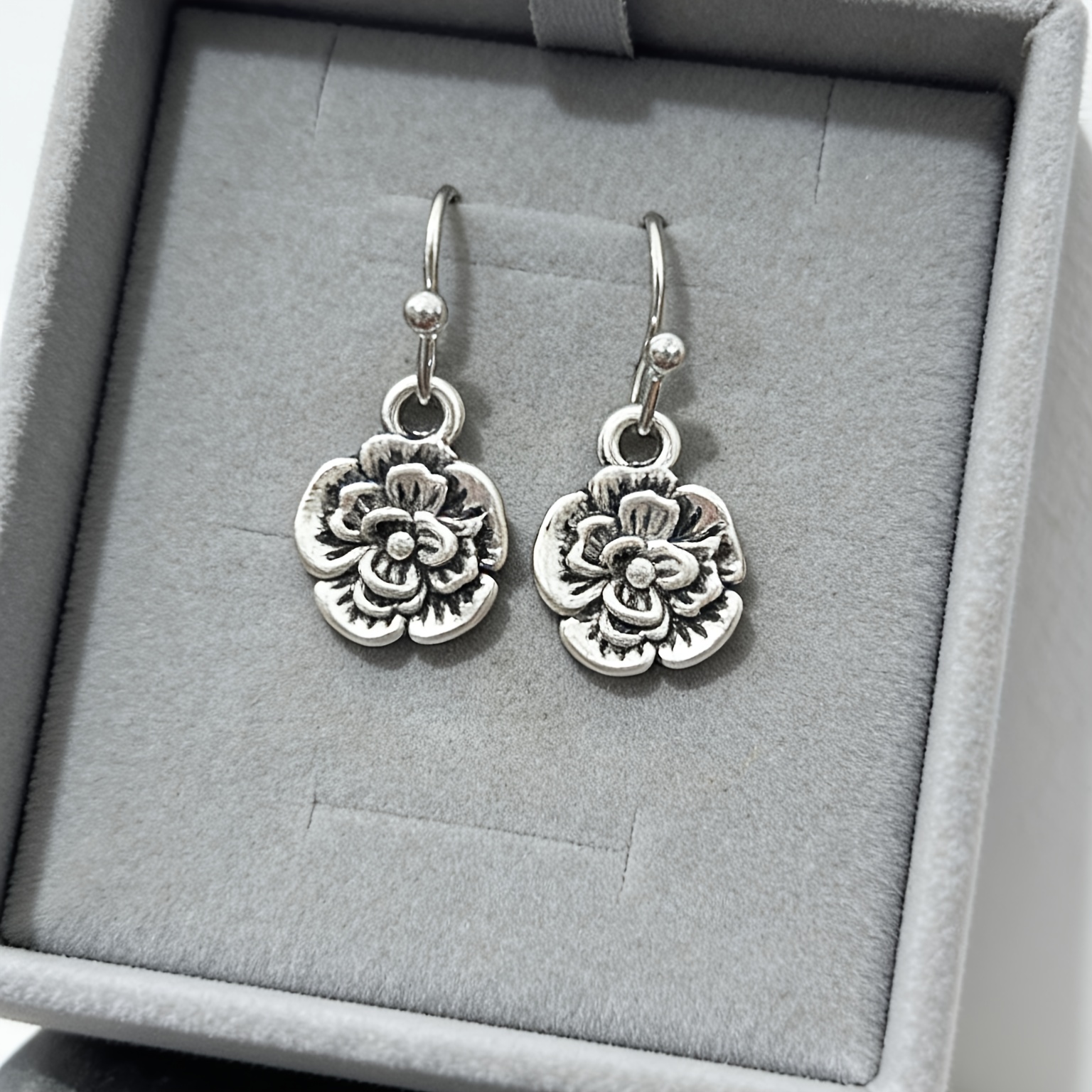 Women's Silvery Floral Drop Earrings — Vintage Distressed Style