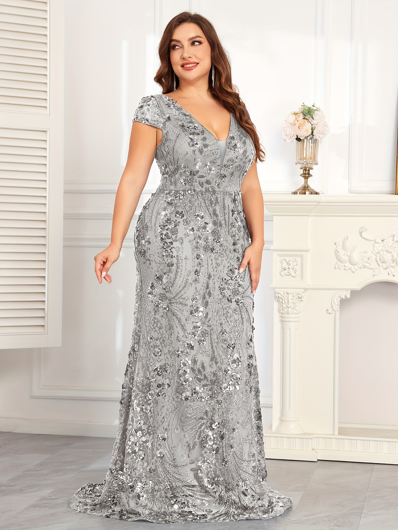 slim fit dress slacks Light Gray Long V-Neck Floor Length Prom Dresses with Appliques Plus Size Prom Gowns main image 0