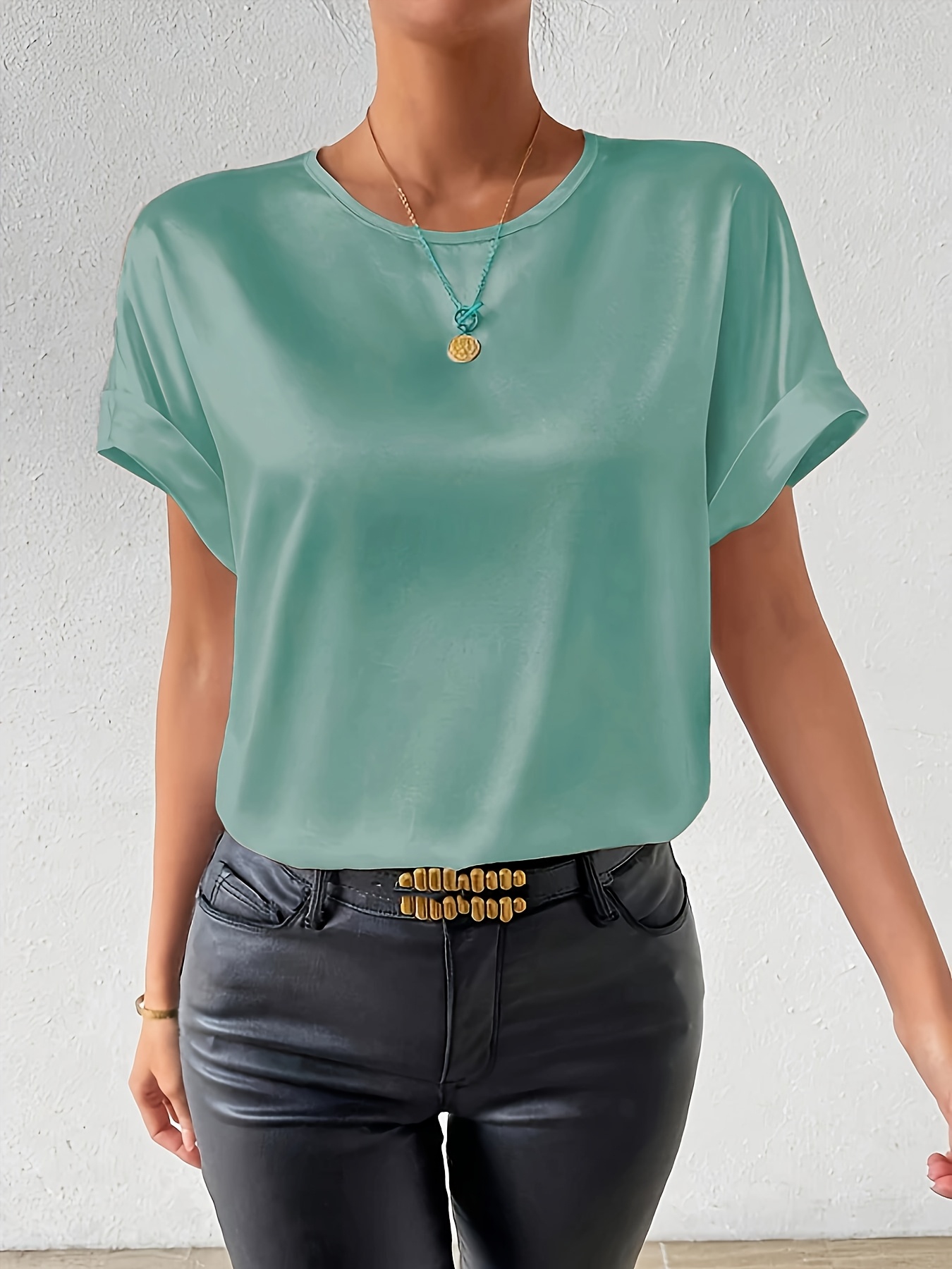 Women'S Plus Size Light Blue Woven Blouse - Elegant Short Sleeve Crew Neck, Solid Color, Non-Stretch Fabric, Perfect for Summer, Casual Summer Wear|Sleek Fitted Look|Nonstretch Material, Plus Size Blouses