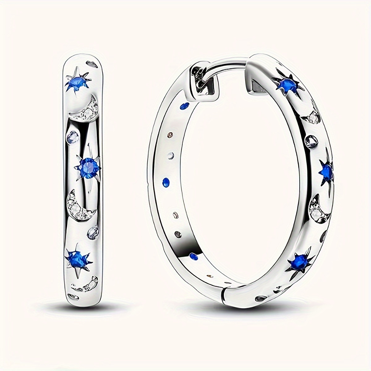 

A Pair Of Luxurious And Elegant Copper Inlaid Zirconia Star And Moon Large Hoop Earrings For Women, A Fashionable And Retro Gift For A Date. Silvery Color, Gift For Eid, Ramadan