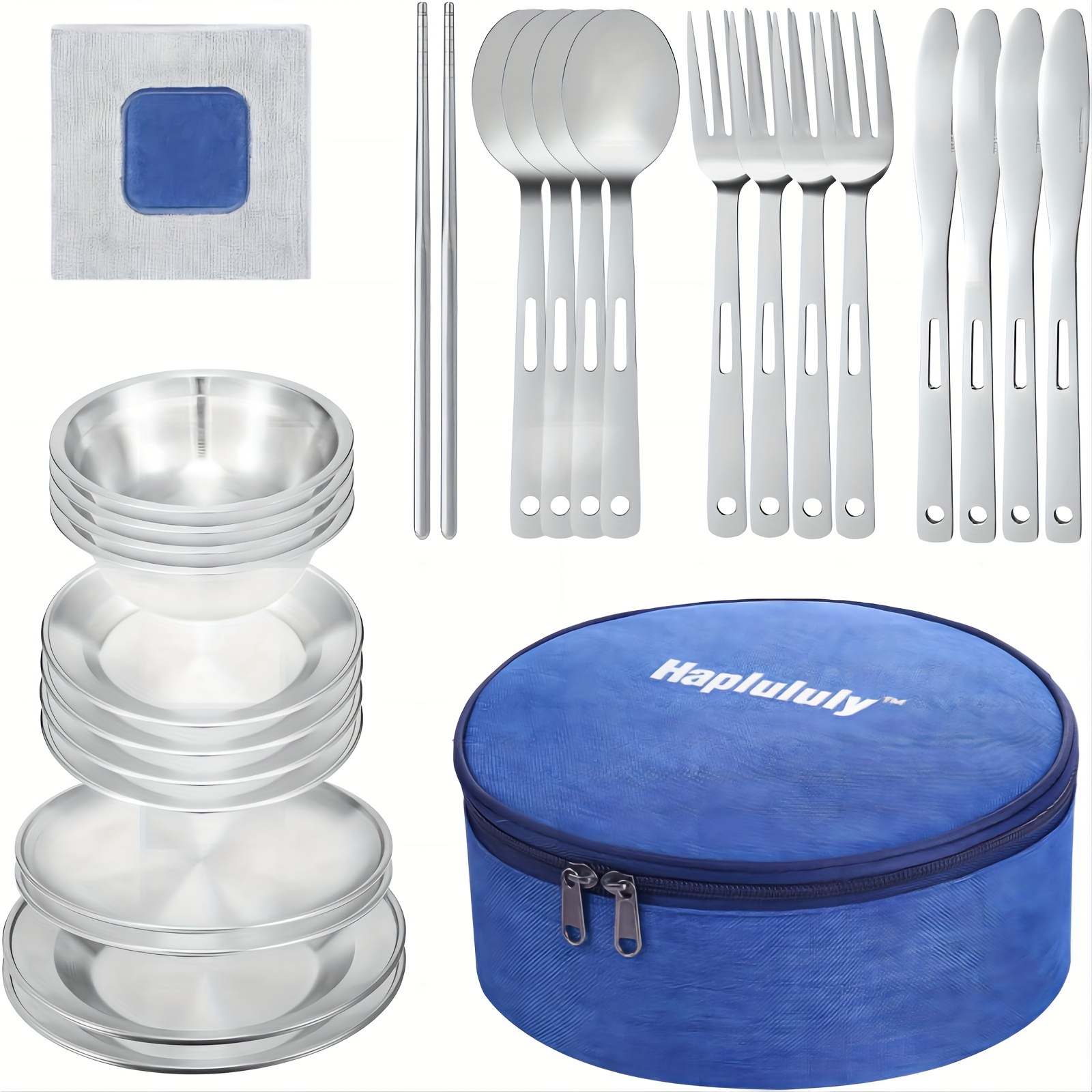 

Silverware Set Camping Mess Kit 28 Pcs Camping Accressories Stainless Steel Camping Dishes Set Dinnerware For 4 Person Utensils With Plates Bowl Gloves Rag