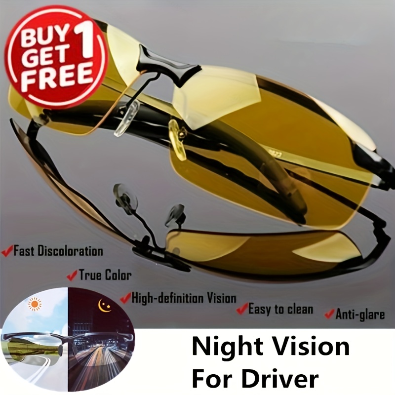 

2pcs Night Vision Driving Glasses For Women Men Drivers Rectangle Semi Rimless Sunglasses Goggles, Buy 1 Get 1 Free