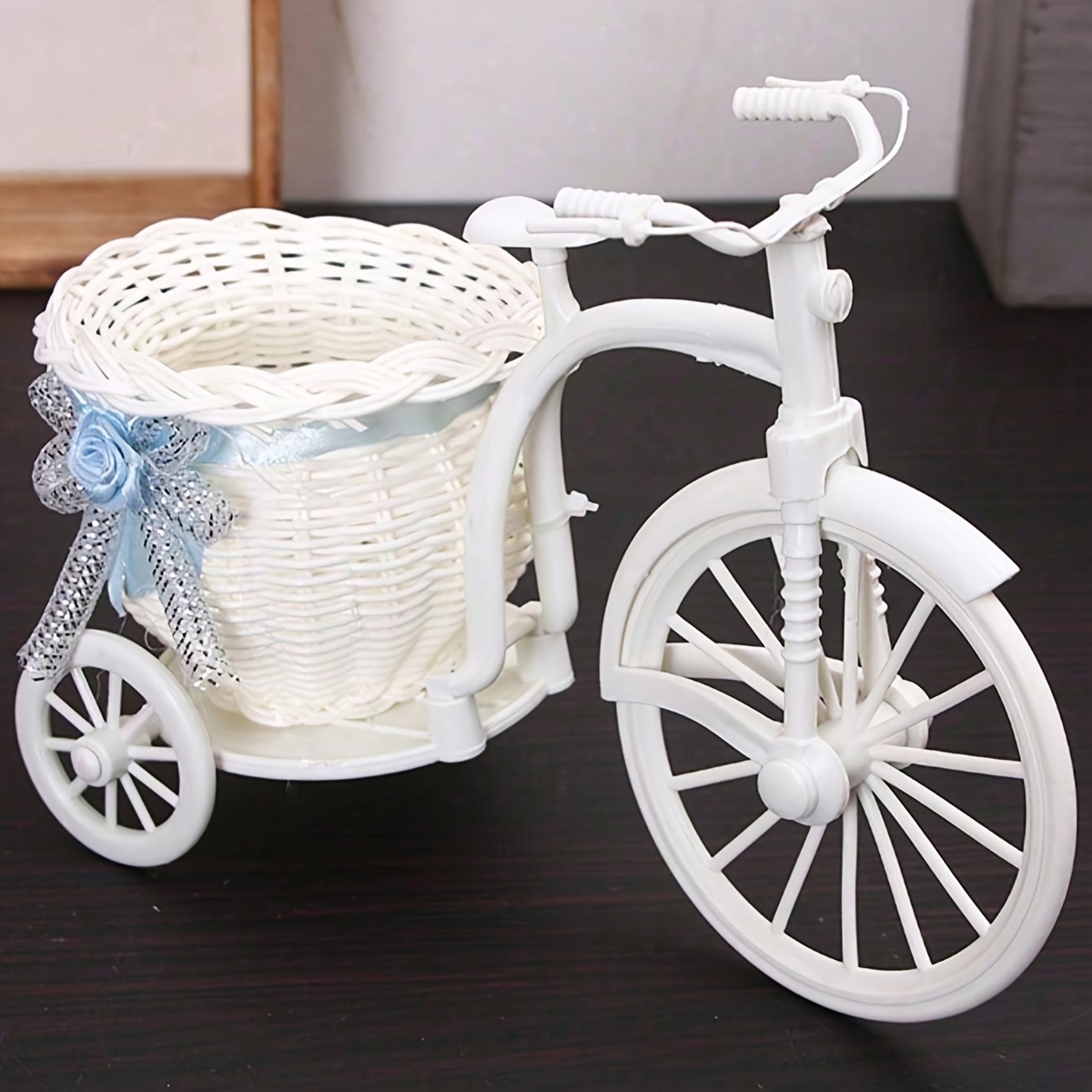 

1pc Rustic White Tricycle Plant Stand - Plastic Wicker Craft Decorative Flower Basket For Wedding, Party & Indoor Home Decor