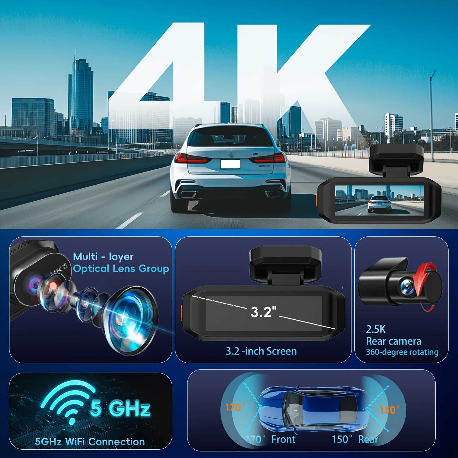 qoz 4k dash cam for   2 inch front dvr camera recorder with wifi app control ultra hd 4k video recording 170   wdr   loop recording   collision detection   camera 2