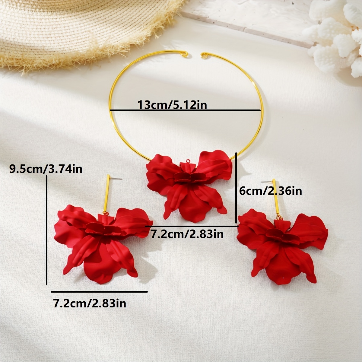 Boho Red Flower Earrings & Necklace