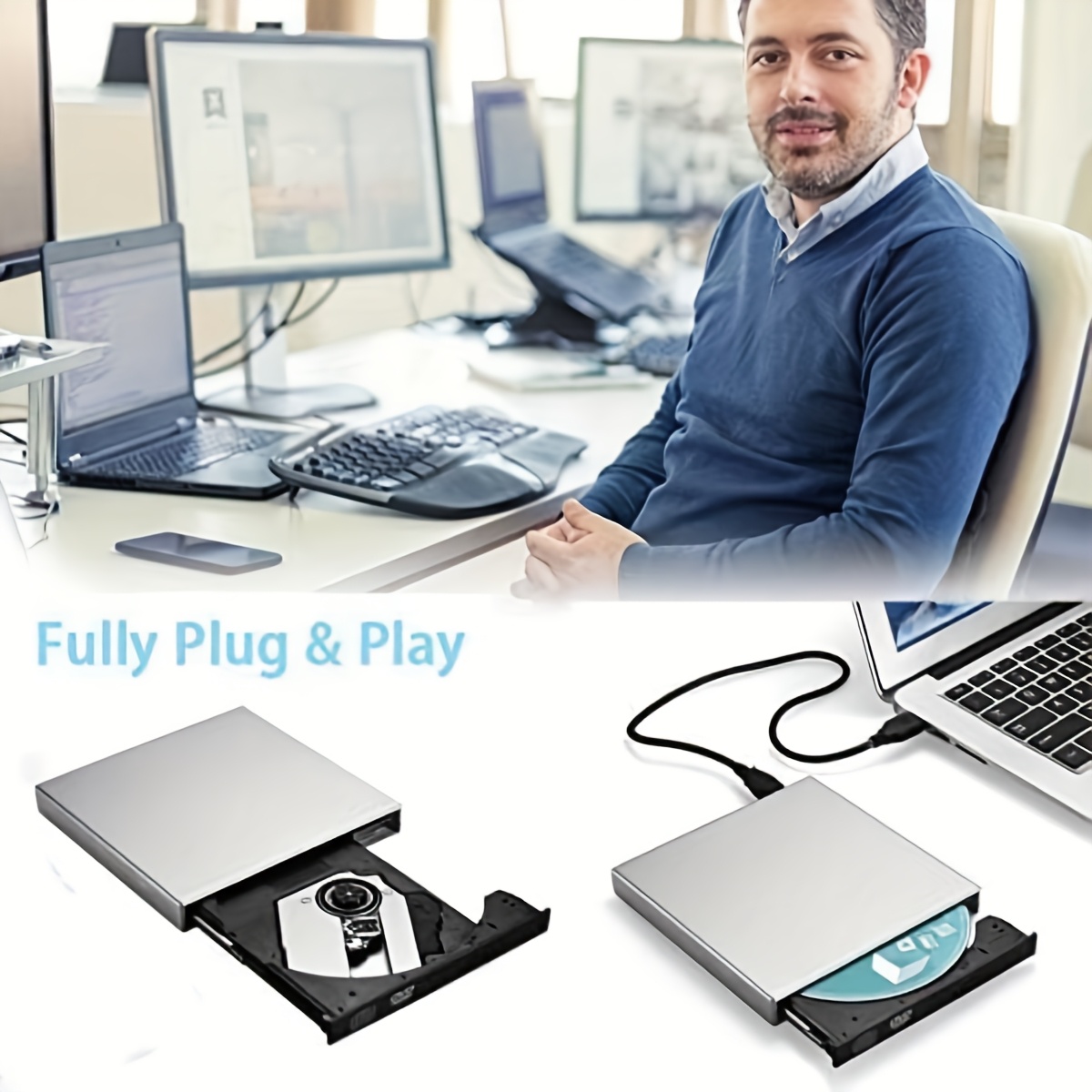 外置dvd光驱/dvd-rom cd-rw播放器 便携式外置cd-rw驱动器 dvd-rw刻录机 适用于笔记本电脑和台式电脑的播放器 含收纳包。附赠1条数据线（兼具充电与数据传输功能） 商品详情 1