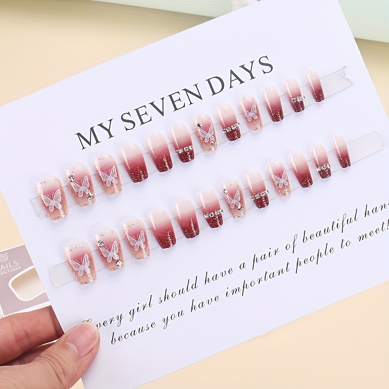30pcs french burgundy gradient   nails with white   print glitter   design short   press on nails for women   wear prom wedding cute nails wedding accessories glittering accents Product details 3