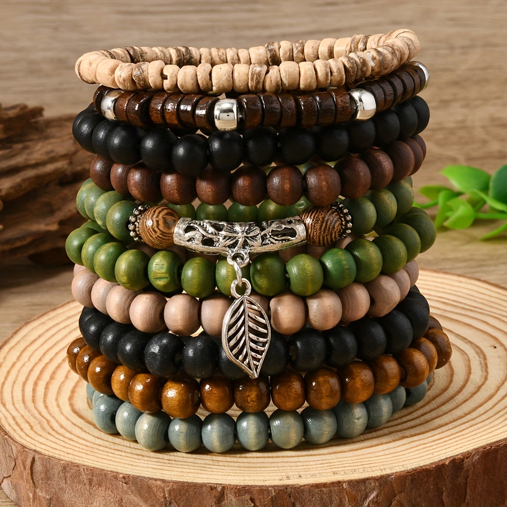 Image of 10pcs Men And Women's Vintage Fashion Green Bead Leaf Bracelet Set