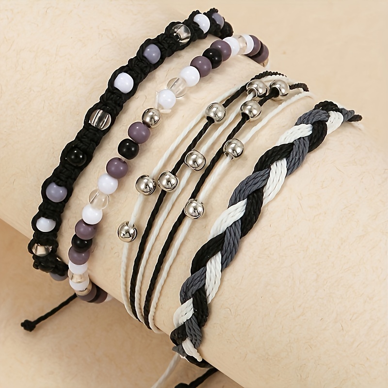 

4-piece Handwoven Bracelets For Women, Summer Elegant Style, Black And White Mixed Beaded And Braided Ladies Wristbands, Fashion Accessory Set