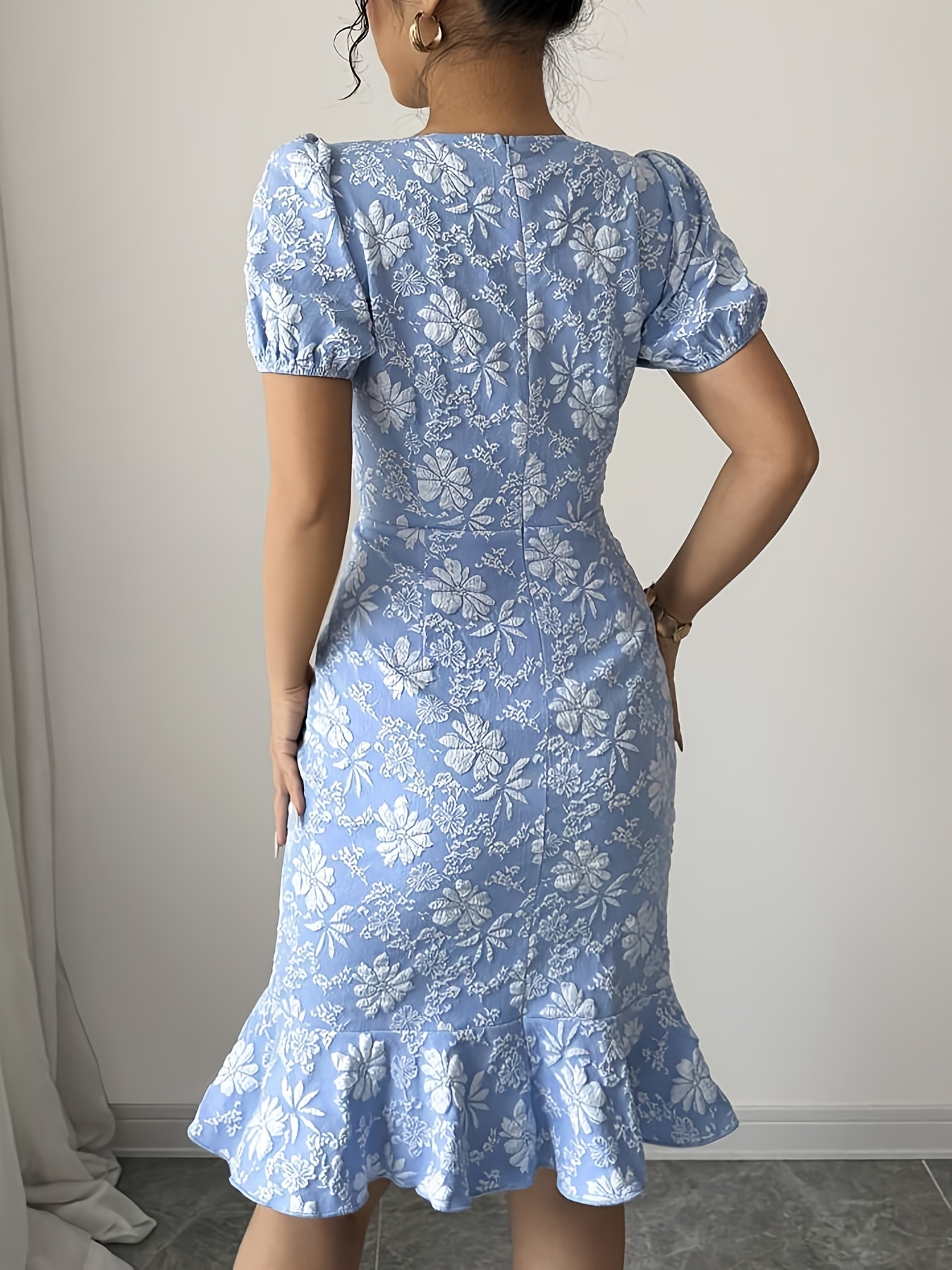 slim fit dress slacks Blue Floral Short Sleeve Midi Dress - All Dresses