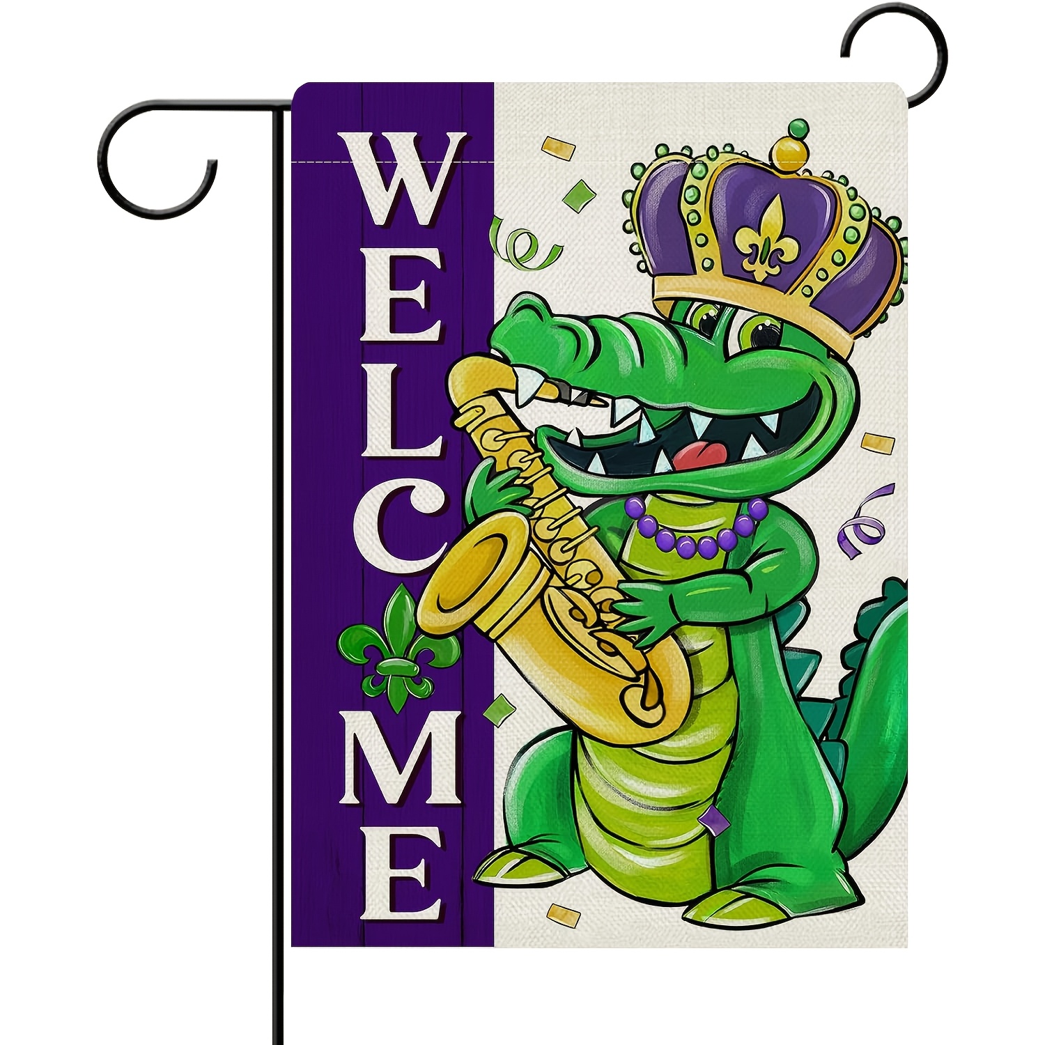 

1pc, Welcome Mardi Gras Alligator Decorative Garden Flag, Crown Trumpet New Orleans Carnival Yard Outside Home Decorations, Fleur Outdoor Decor 12 X 18inch, Garden Flag