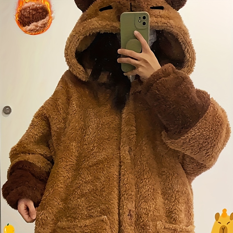 Cute Capybara Plush Nightgown With Hood - Winter Warm Cartoon Coral Fleece Animal Hooded Wearable Blanket, Suitable For Adults, Polyester Fabric, Hooded Nightgown With Large Pockets And Tapered Cuffs