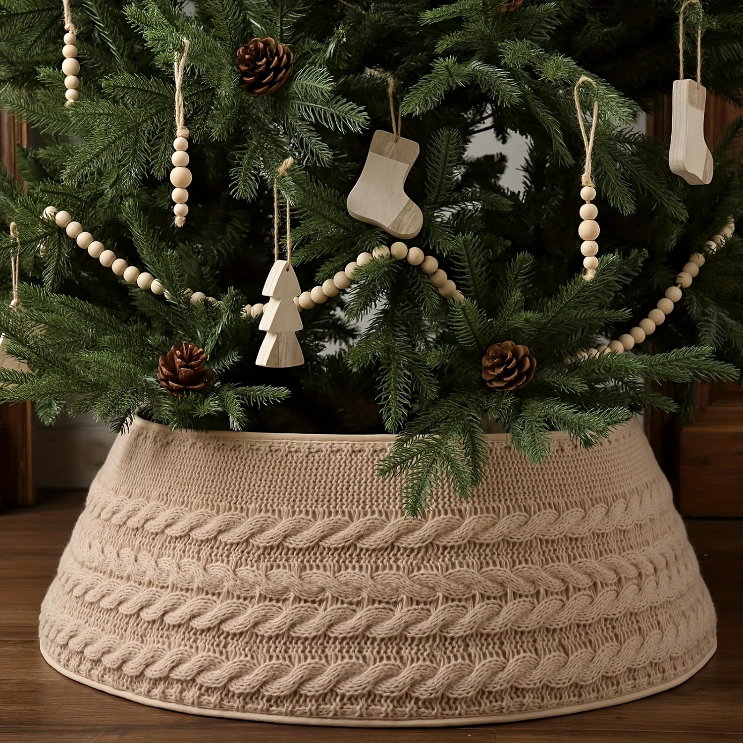 Image of 1pc Of Beige Knitted Christmas Tree Collar, Farmhouse Beige Twisted Flower Knitted Style Christmas Tree Collar For Artificial Trees, Handmade Tree Skirt, Suitable For Merry Christmas Decoration Gifts