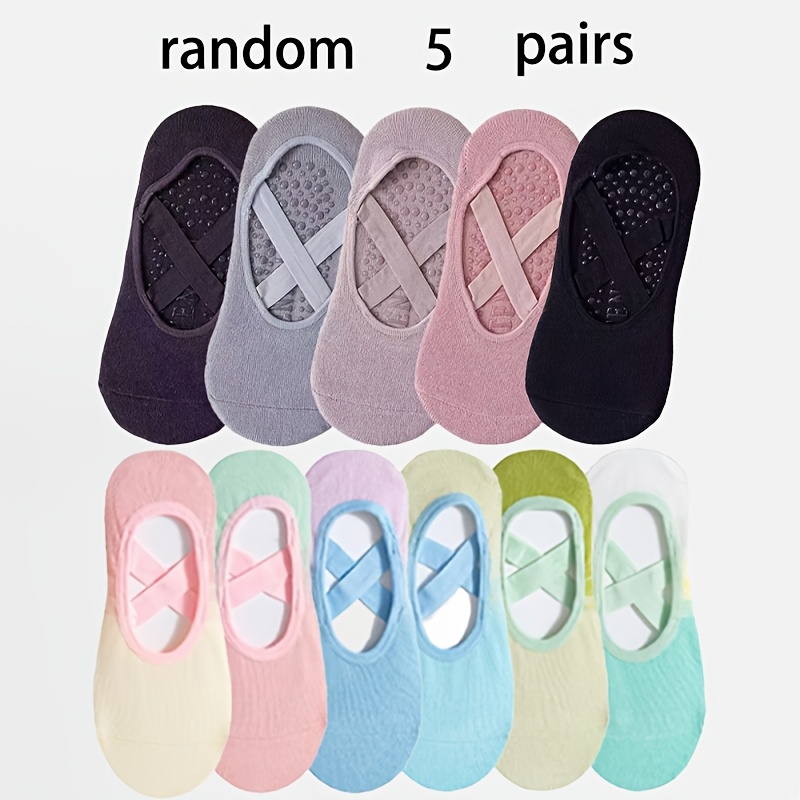 TEMU Random 5-pair Women's -cross Strap Yoga Socks, Gradient Solid With Dot-glue Anti-slip Pilates Socks, Trendy, Comfortable, And Versatile Yoga