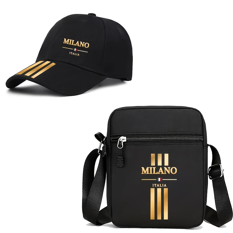 TEMU 2pcs, Casquette de baseball à bord rayé avec imprimé et sac de rangement à bandoulière, Chapeau pare-soleil unisexe réglable et sac