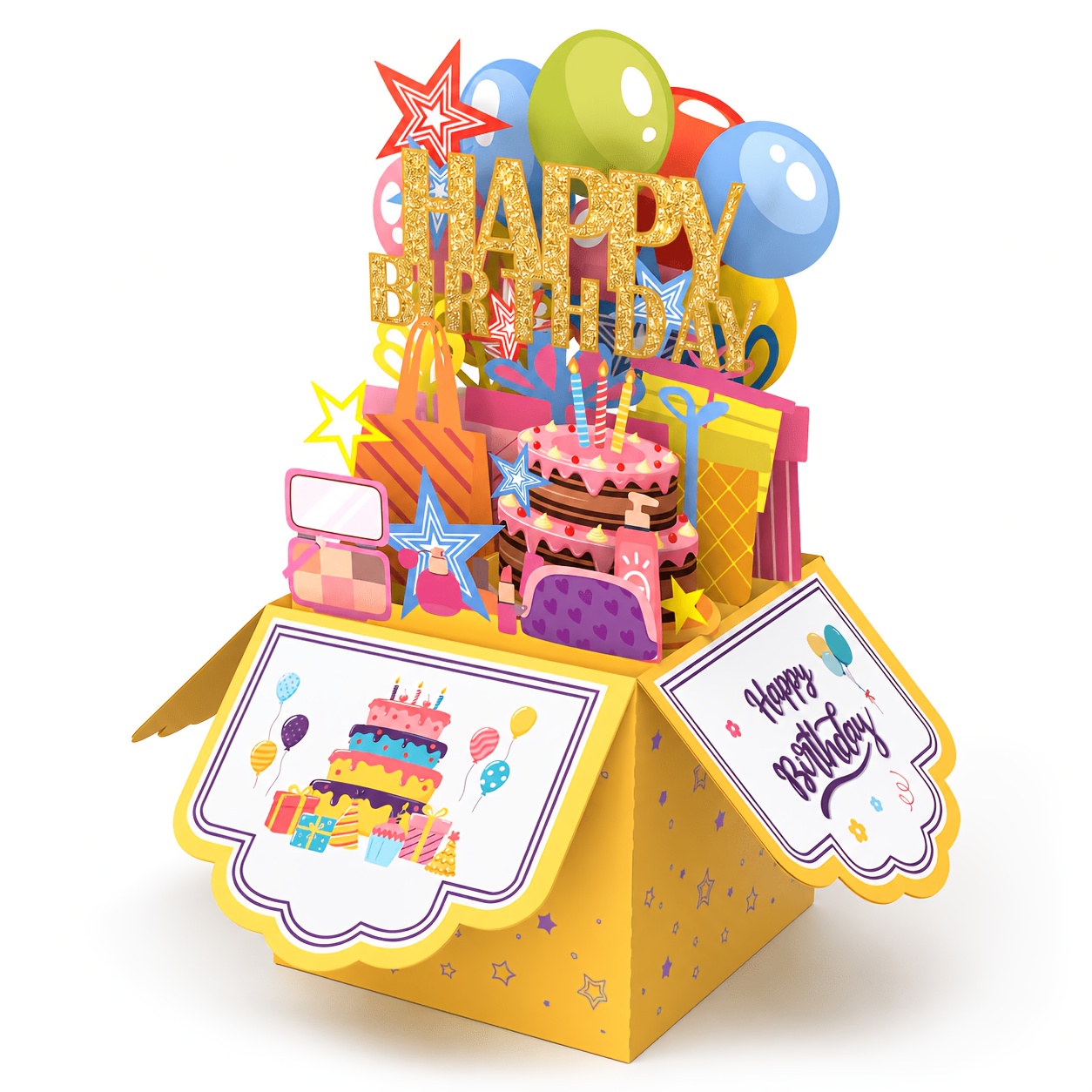 TEMU 3d Pop-up Birthday Greeting Card With Envelope, Designed With Colorful Cake And Gift Box Balloons, Suitable As Birthday Gifts And Party