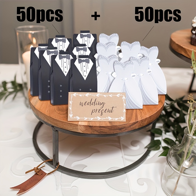 

100pcs Wedding Goodies Box, Bride And Groom Dress Shape Wedding Favor Boxes, Candy Favor Boxes With Ribbon, Perfect For For Wedding Party Decoration, Wedding Goodies Gift Wrapping And Storage Supplies