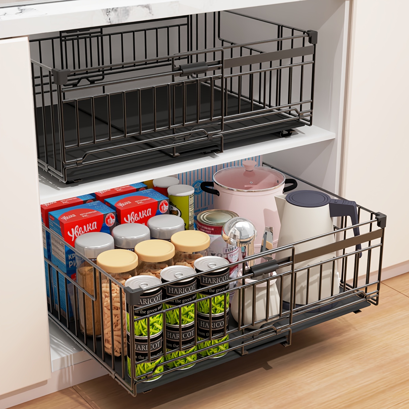 TEMU 2 Packs Adjustable Expandable Pull Out Cabinet Organizer, Sliding Cabinet Storage Drawer, No Drill Slide Out Storage Basket For Kitchen Pantry &