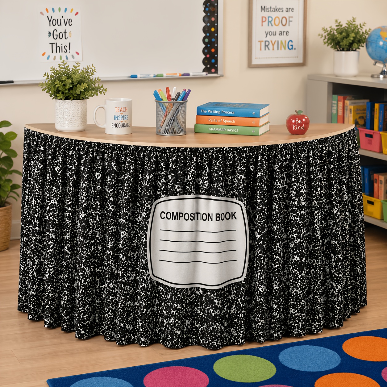 TEMU Halloween,christmas,party Table Skirt, 1pc, Composition Book Table Skirt, Black And White Composition Notebook Stationery Theme, Classic Cover