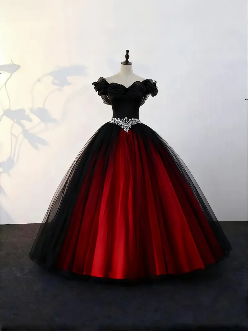 quinceanera dresses black and red Embroidery Ruffles Charro Mexican Style Anos Vestido Ball Gown Sweetheart _cm/inch (measured from back of shoulder)shoulder to bust Rachel Allan RQ5007 Off-Shoulder Ballgown