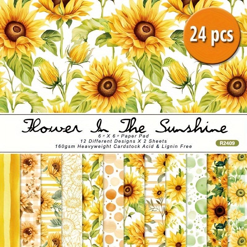 

24-piece Golden Sunflower Scrapbook Paper Set - 6x6 Inch Single-sided Decorative Craft Sheets For Diy Projects, Journaling, Gift Wrapping & Album Art Paper Flowers For Crafts Designer Floral Paper