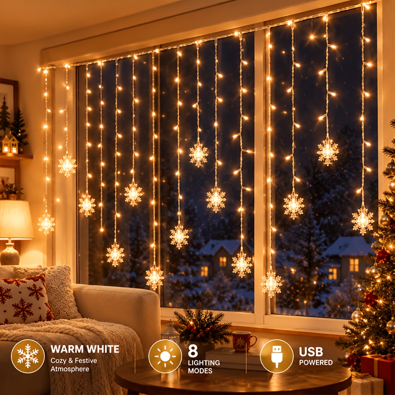 TEMU 1pc Cortina de Luces de Copo de Nieve, 13.12FT 96 LED Luces de Almendrón, Guirnaldas de Luces Navideñas para Ventanas con Alimentación USB con 8