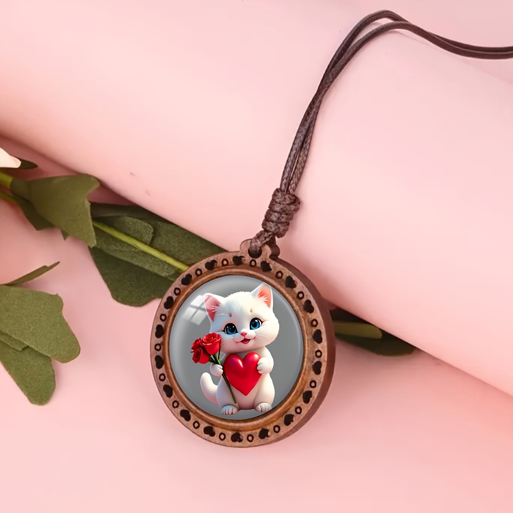 Cute Kitten Heart Rose Wooden Necklace, Adorable Accessory