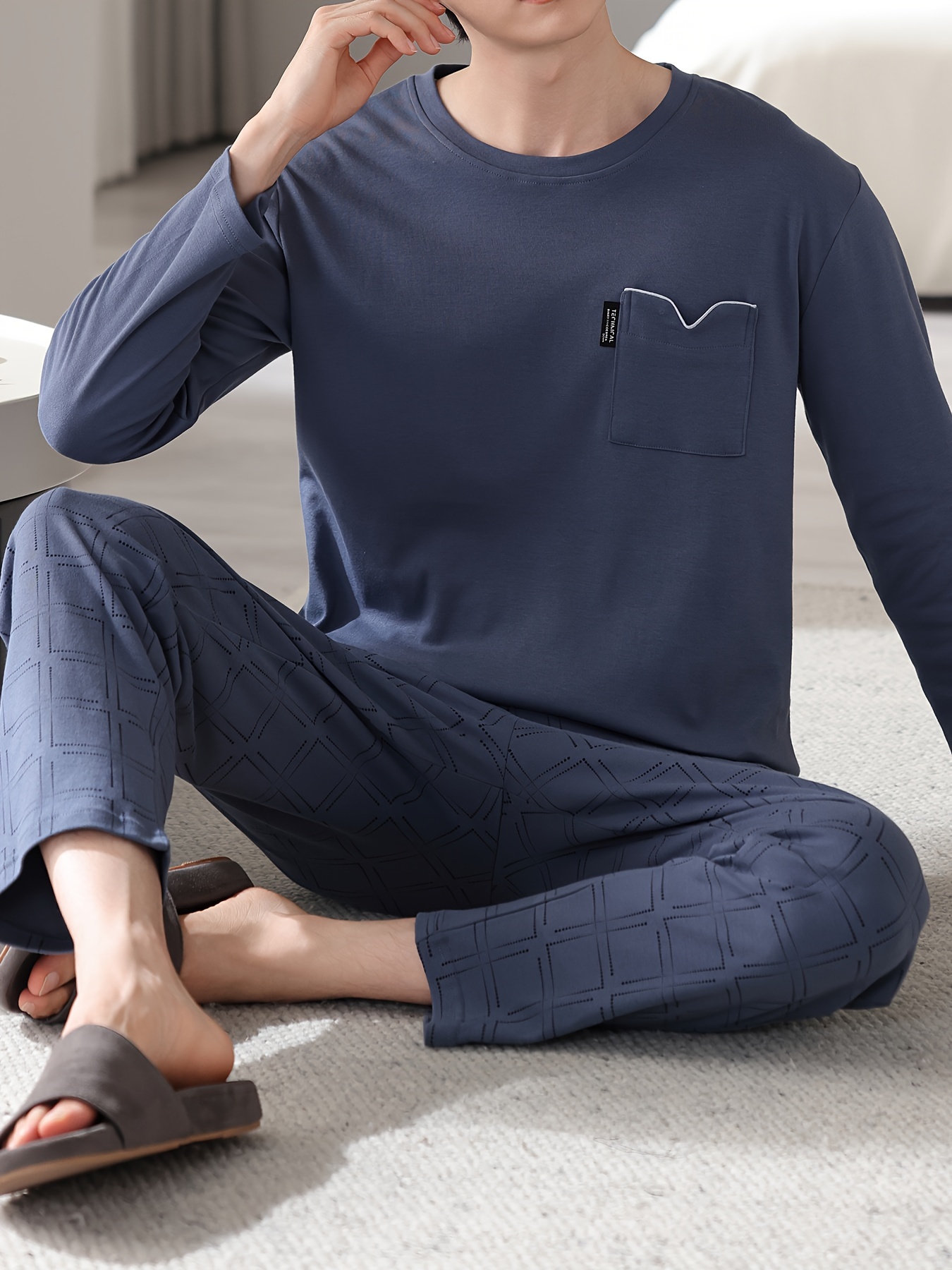 1set Men'S Casual Cotton Pajama Set, Long Sleeve Round Neck Sleepwear with Pockets, Loose Fit Knitted Pullover for Spring/Autumn - Comfortable Thin Cotton Outfit