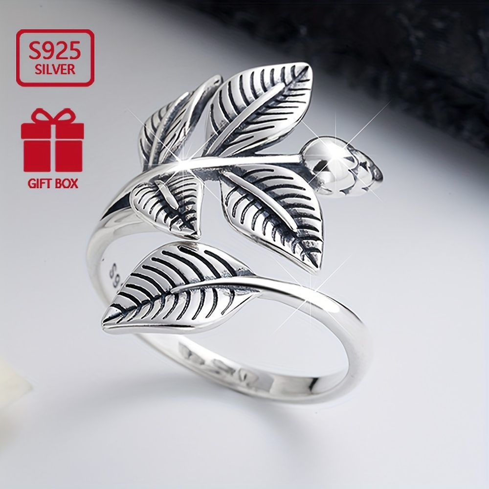 

1pc S925 Sterling Silver Retro Distressed Leaf Wide Face Exaggerated Bypass Ring Ancient Trendy Vintage Ring Ladies Index Finger Ring 5g/0.18oz