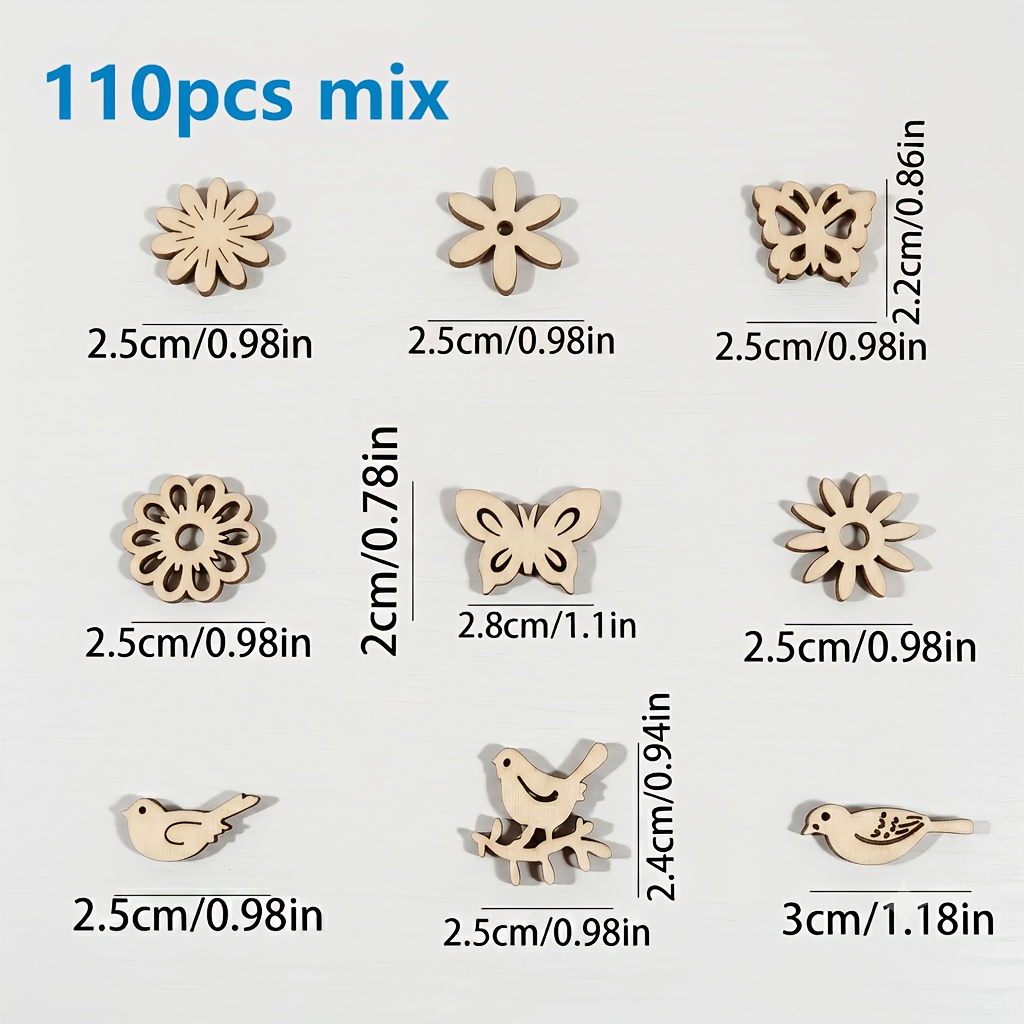 TEMU 110 piezas de de madera con hojas, flores, plantas, pájaros y mariposas para pintura DIY, garabatear, decoración del hogar, adornos hechos a ,