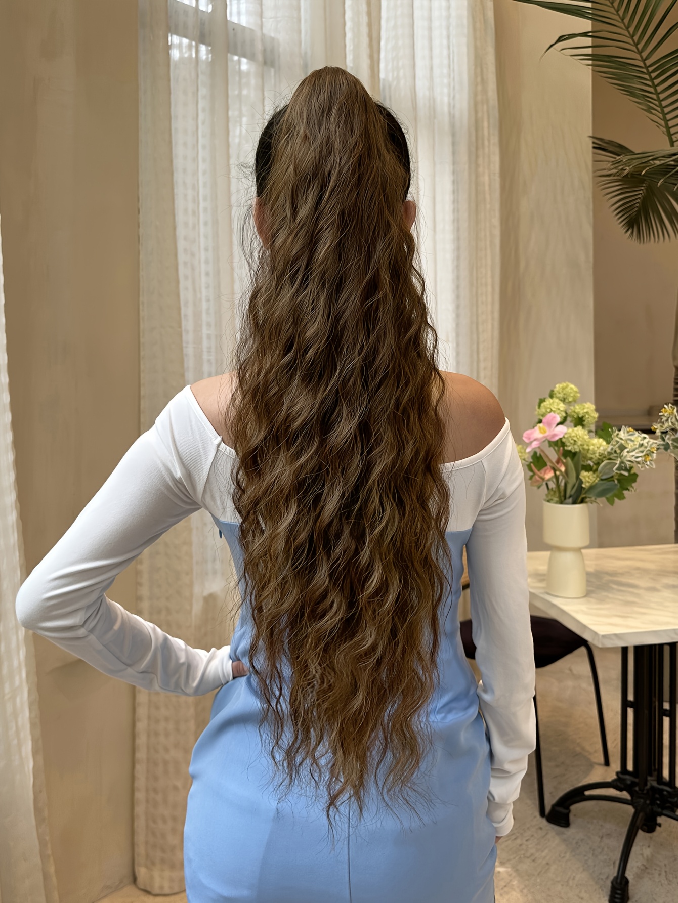 claw shaped ponytail extension dark brown 28 inch water wave heat resistant fiber synthetic ponytail wig suitable for short hair accessories for womens daily use details 0
