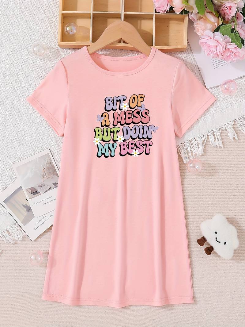 Bit A Mess Print Dress Girls Casual Short Sleeve Crew Temu Australia Bit A Mess Print Dress Girls Casual Short Sleeve Crew Temu Australia