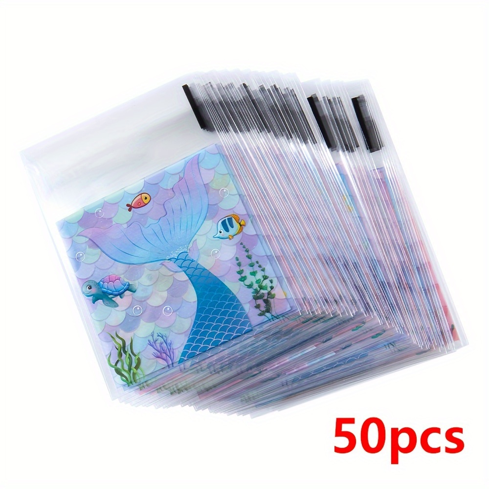 TEMU 50pcs Cute Mermaid Self-adhesive Bags, Small Size Transparent Colored Opp Adhesive Self-sealing Bags For Handmade Goods/jewelry Display